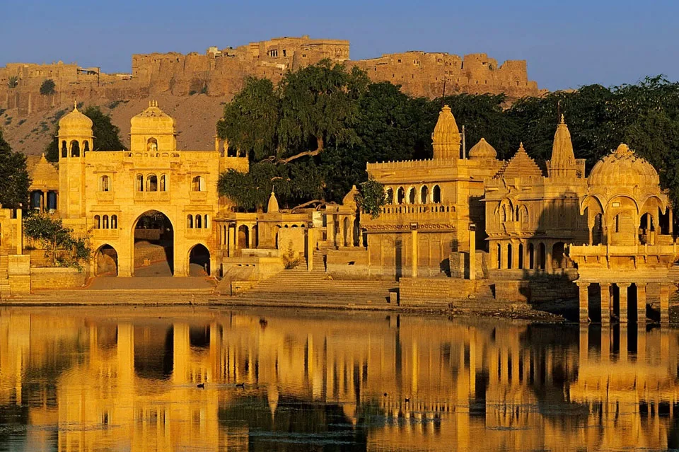 Golden City Jaisalmer skyline with golden sandstone forts and desert sunset