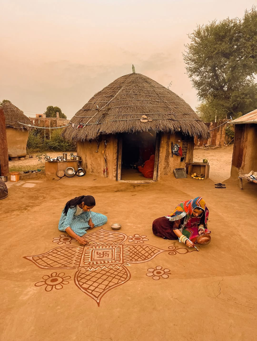 Traditional Diwali Rangoli artwork in Rajasthan with bright colors and festive design.