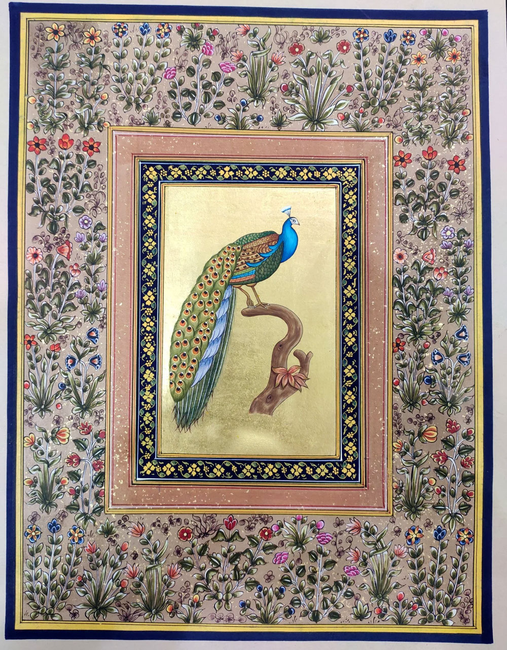 Handmade Rajasthani miniature painting of a colorful peacock