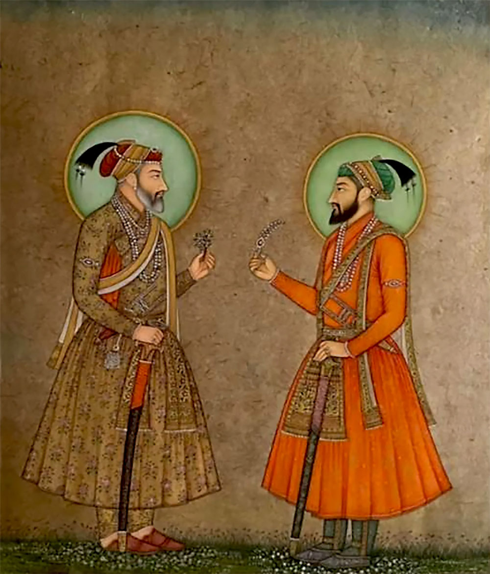 Mughal Emperor Shahjahan standing beside Prince Aurangzeb